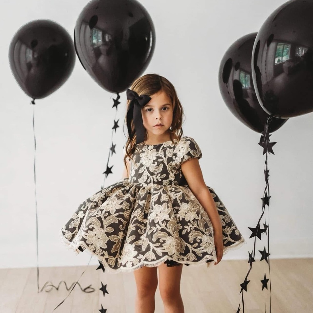 Elegant Black and Cream Floral Dress for Girls